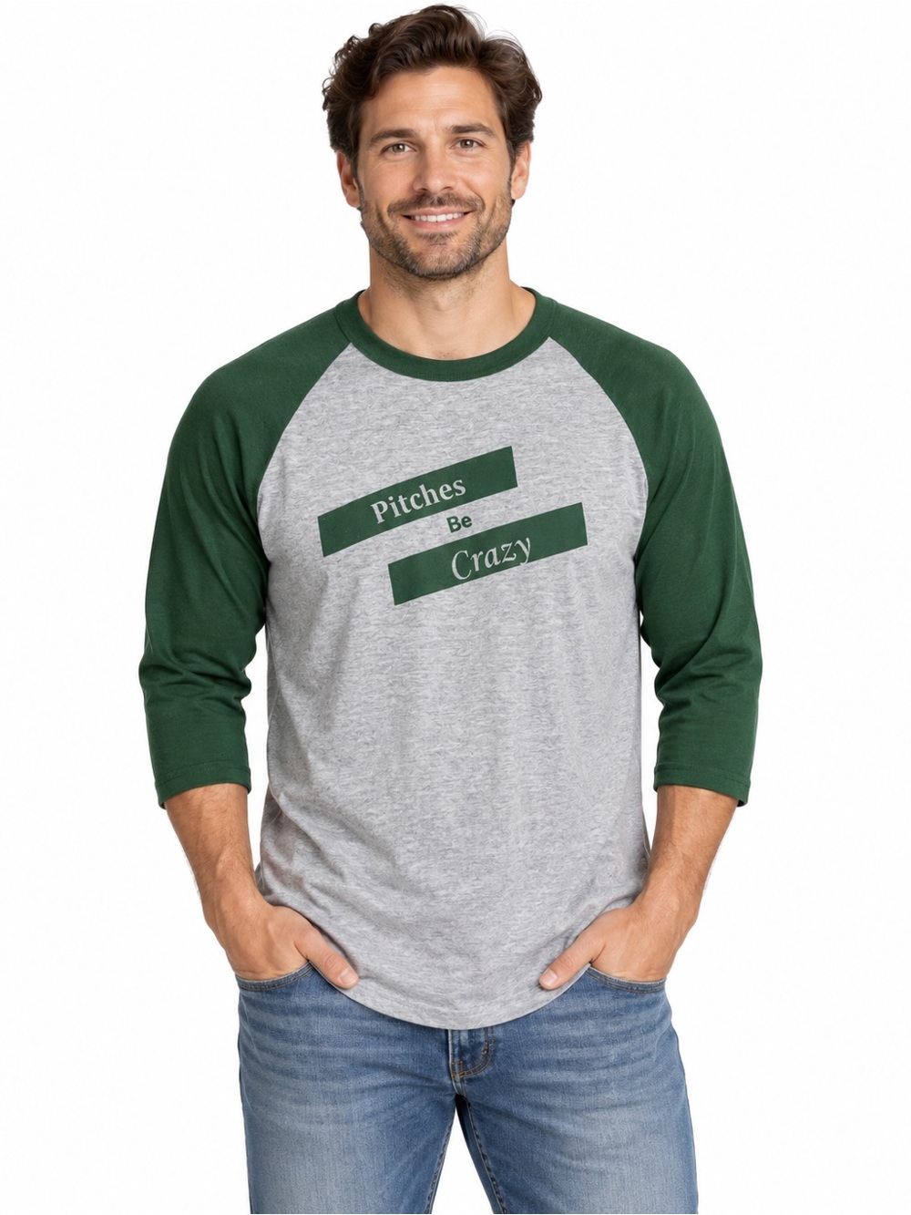 Gray Baseball Raglan Tee with Dark Green Sleeves - 'Pitches Be Crazy'